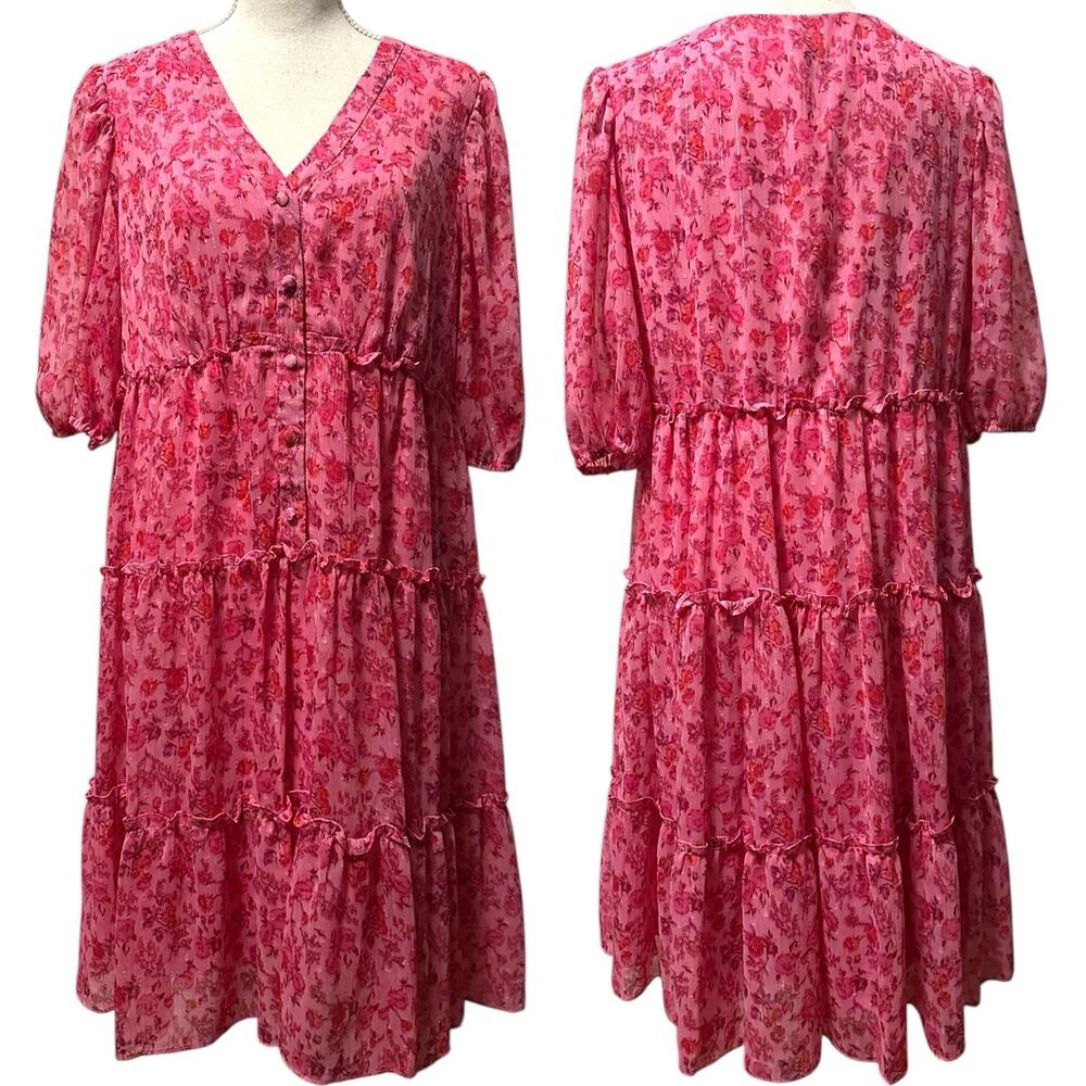 Taylor PFloral Tiered Mini Dress Puff Sleeve Pink 12 Cottagecore Romantic Spring